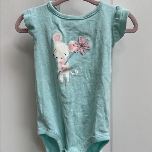 Carter’s 12M Girls Blue & White Mouse with Flower Shirt Sleeve Onesie Bodysuit - Picture 1 of 6